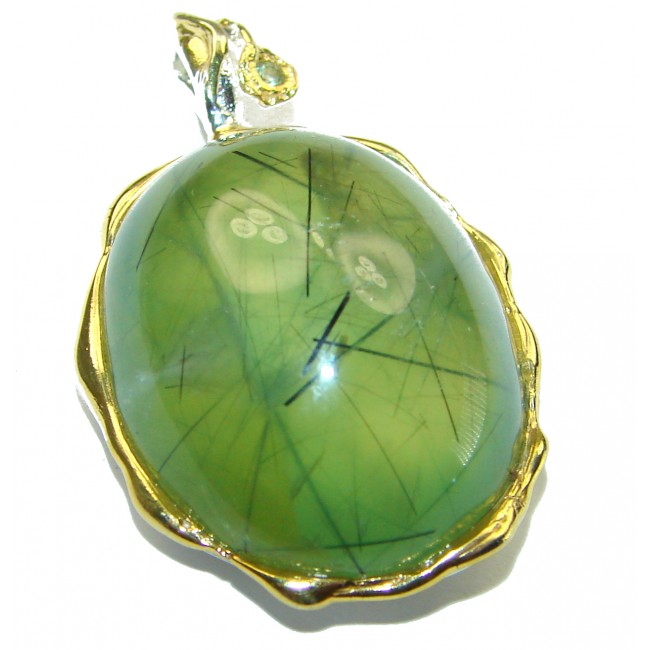 Deluxe 35.2 carat Prehnite 2tones .925 Sterling Silver handmade Pendant