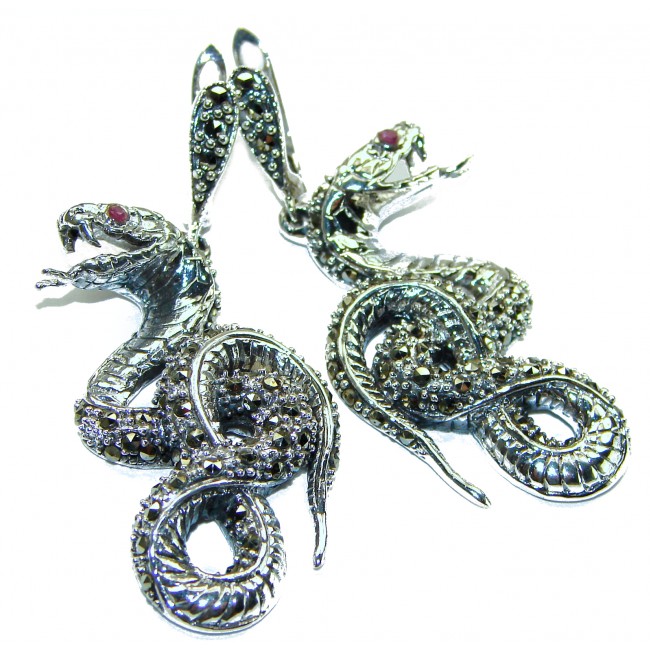 Two Cobras Ruby Marcasite .925 Sterling Silver handcrafted Earrings