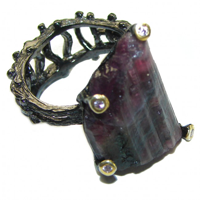 Authentic Rough Tourmaline black rhodium over .925 Sterling Silver Large Ring size 8 1/2