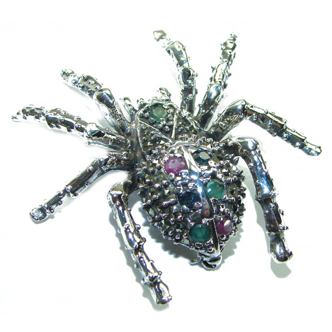 Large Spider genuine Ruby .925 Sterling Silver handmade Pendant - Brooch