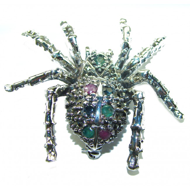 Large Spider genuine Ruby .925 Sterling Silver handmade Pendant - Brooch