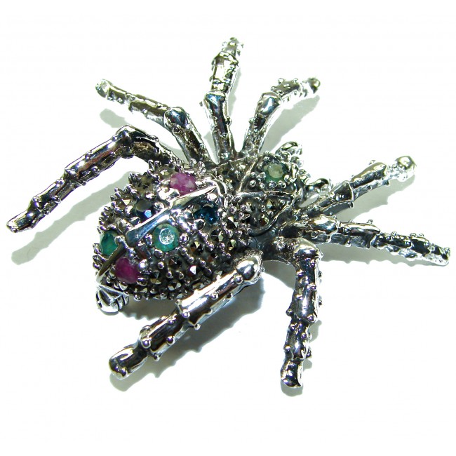 Large Spider genuine Ruby .925 Sterling Silver handmade Pendant - Brooch