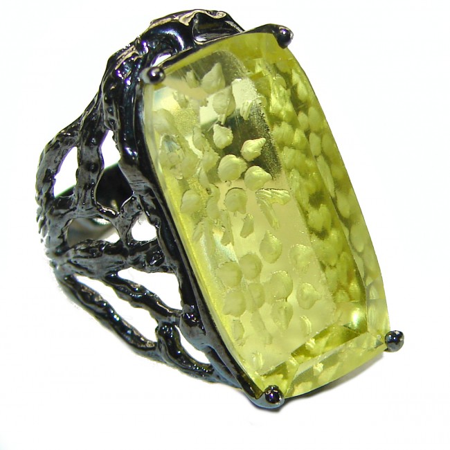 17.8 carat Genuine Lemon Quartz black rhodium over .925 Sterling Silver handcrafted ring size 7 3/4