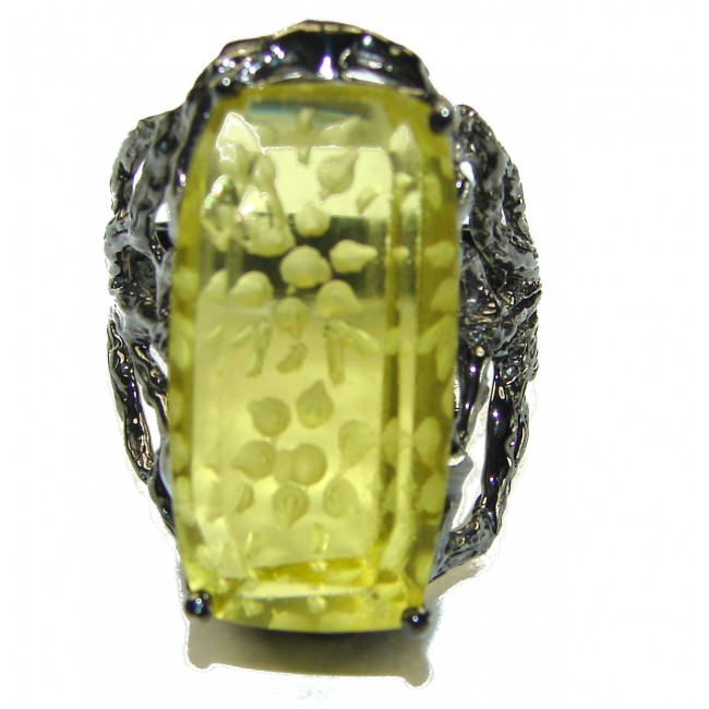 17.8 carat Genuine Lemon Quartz black rhodium over .925 Sterling Silver handcrafted ring size 7 3/4