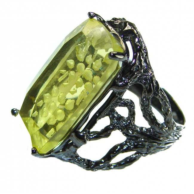 17.8 carat Genuine Lemon Quartz black rhodium over .925 Sterling Silver handcrafted ring size 7 3/4