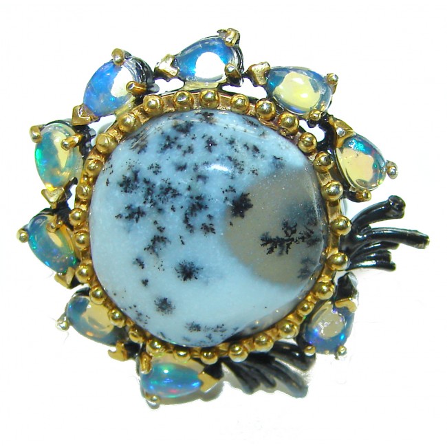 Top Quality Dendritic Agate 2 tones .925 Sterling Silver handcrafted Ring s. 7 1/4