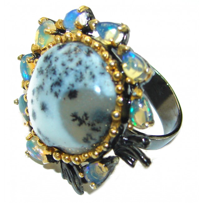 Top Quality Dendritic Agate 2 tones .925 Sterling Silver handcrafted Ring s. 7 1/4