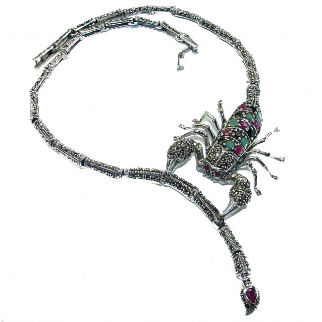 Large SCORPIO Genuine Ruby Emerald Marcasite .925 Sterling Silver handmade handcrafted Necklace