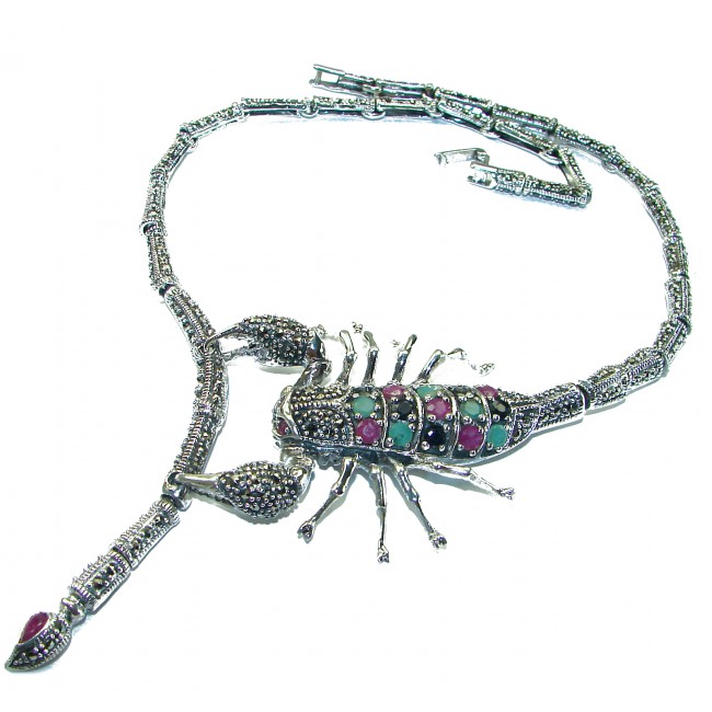 Large SCORPIO Genuine Ruby Emerald Marcasite .925 Sterling Silver handmade handcrafted Necklace