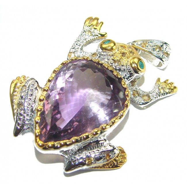 Frog Natural Amethyst 2 tones . 925 Sterling Silver handcrafted Pendant