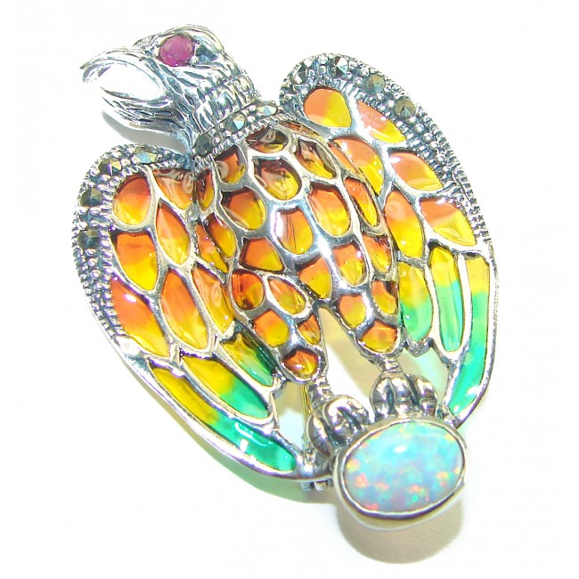 Natural Enamel Eagle .925 Sterling Silver Brooch Pendant