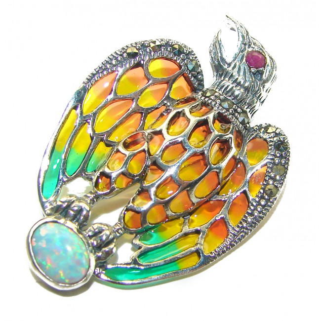 Natural Enamel Eagle .925 Sterling Silver Brooch Pendant