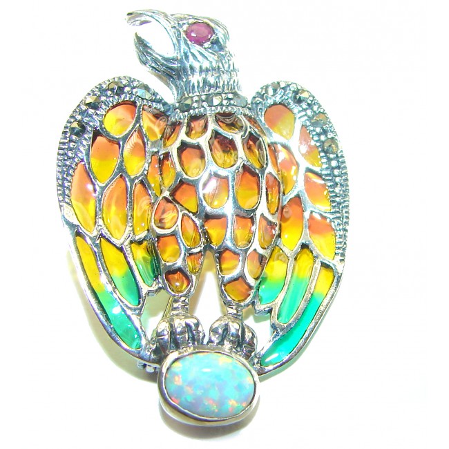 Natural Enamel Eagle .925 Sterling Silver Brooch Pendant