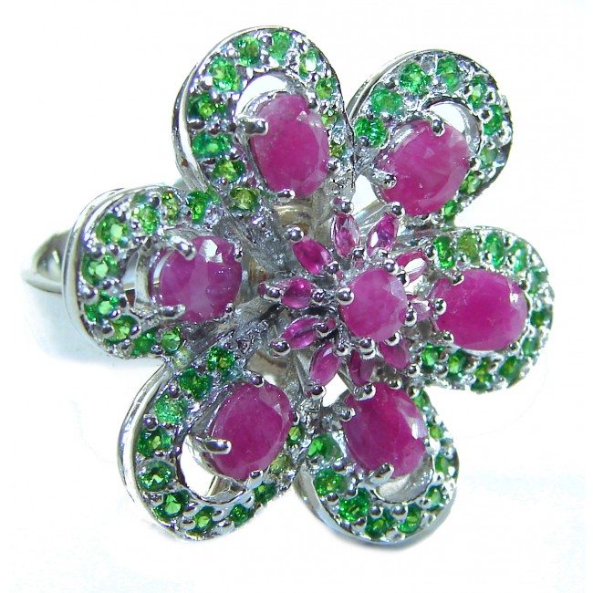 Floral-inspired authentic Ruby .925 Silver handcrafted Cocktail Ring s. 7 1/2