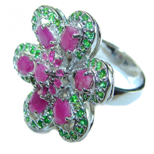 Floral-inspired authentic Ruby .925 Silver handcrafted Cocktail Ring s. 7 1/2