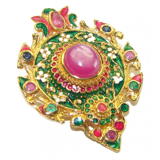 Perfect Star Ruby Enamel 14K Gold over .925 Sterling Silver handmade Pendant Brooch