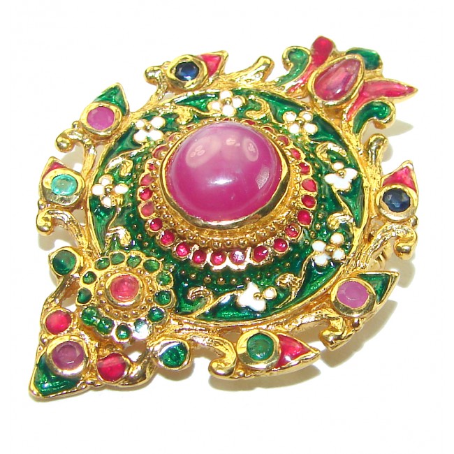 Perfect Star Ruby Enamel 14K Gold over .925 Sterling Silver handmade Pendant Brooch