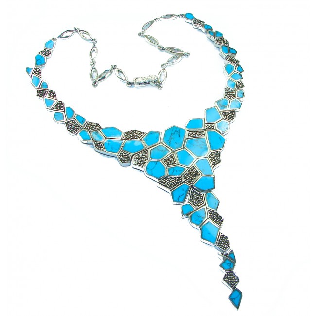 Genuine inlay Turquoise Marcasite .925 Sterling Silver handmade handcrafted Necklace