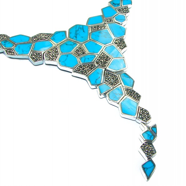 Genuine inlay Turquoise Marcasite .925 Sterling Silver handmade handcrafted Necklace