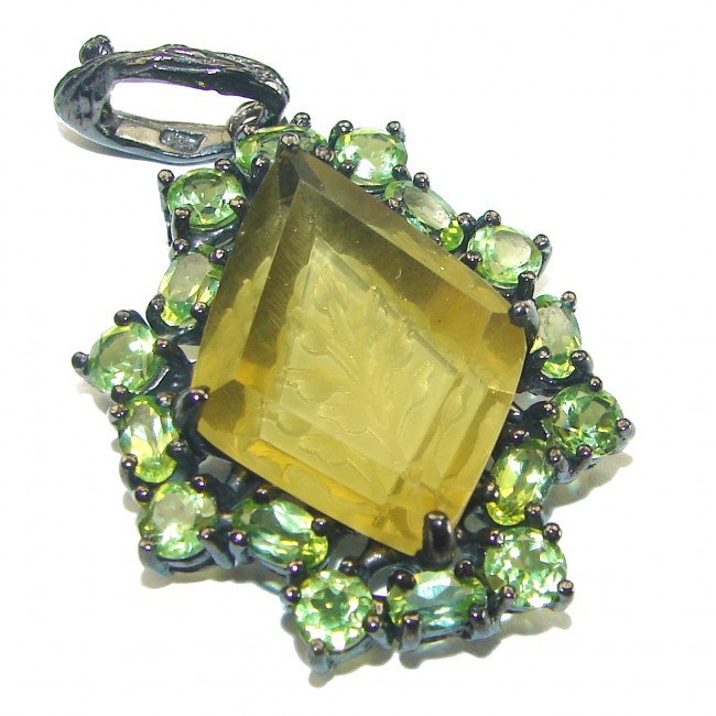 Carved Lemon Quartz black rhodium over .925 Sterling Silver handcrafted pendant