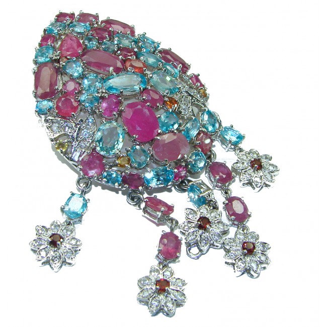 An exuberantly Large Vintage style Ruby Swiss Blue Topaz .925 Sterling Silver handmade LARGE Pendant - Brooch