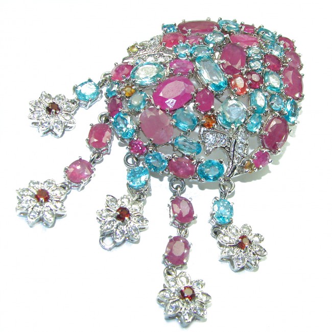 An exuberantly Large Vintage style Ruby Swiss Blue Topaz .925 Sterling Silver handmade LARGE Pendant - Brooch