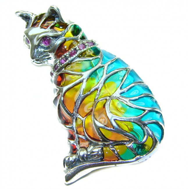 Natural Enamel purple Cat .925 Sterling Silver Brooch Pendant