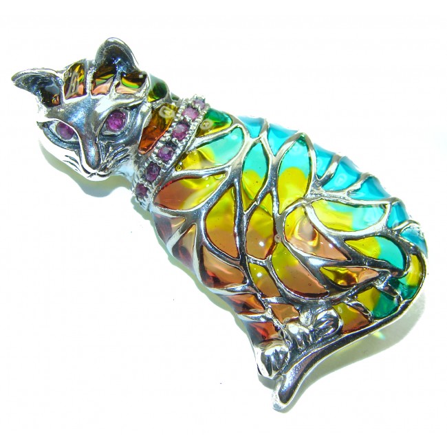 Natural Enamel purple Cat .925 Sterling Silver Brooch Pendant