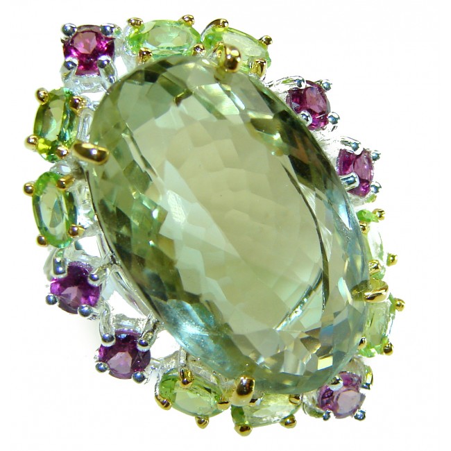 Huge 29.8 carat Genuine Green Amethyst 14K Gold over over .925 Sterling Silver handcrafted ring size 8 1/4