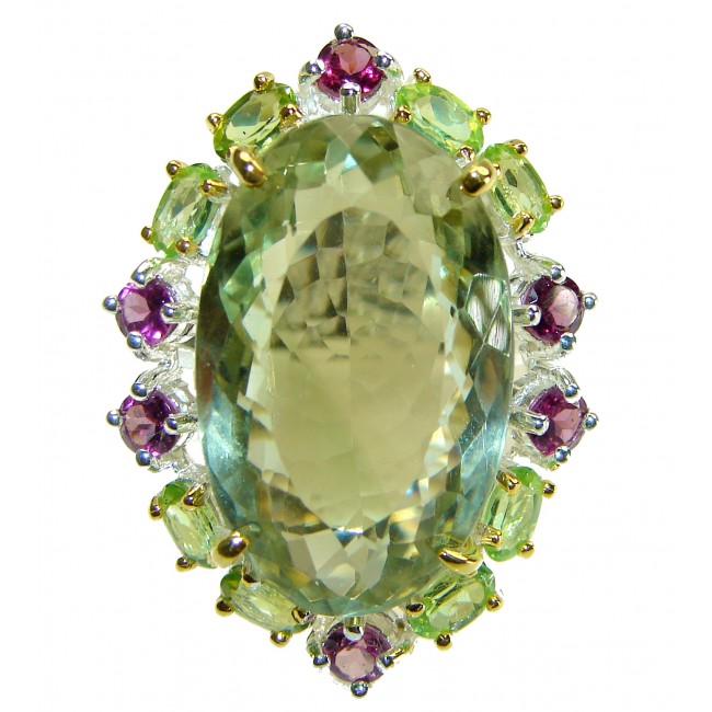 Huge 29.8 carat Genuine Green Amethyst 14K Gold over over .925 Sterling Silver handcrafted ring size 8 1/4