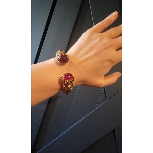 Truly Spectacular authentic 19.5 carat Ruby Enamel 18K Gold over .925 Sterling Silver handmade bangle Bracelet