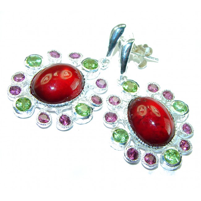 Luxurious oversized natural Garnet Peridot .925 Sterling Silver handmade earrings