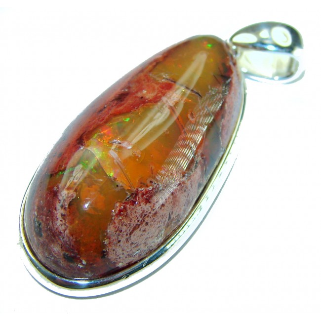 Natural 33.2 carat Mexican Fire Opal .925 Sterling Silver handmade Pendant