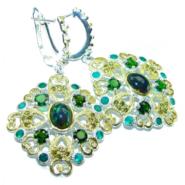 Byzantine design A Million Stars Black Opal 2 tones .925 Sterling Silver handcrafted Long earrings