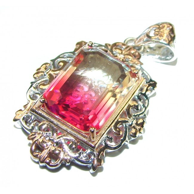 Best quality Genuine Pink Topaz 2 tones .925 Sterling Silver handcrafted pendant