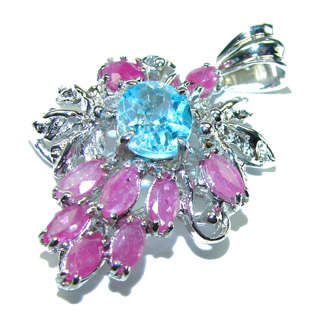 Precious Treasure 8.5 carat Swiss Blue Topaz Ruby .925 Sterling Silver handmade Pendant