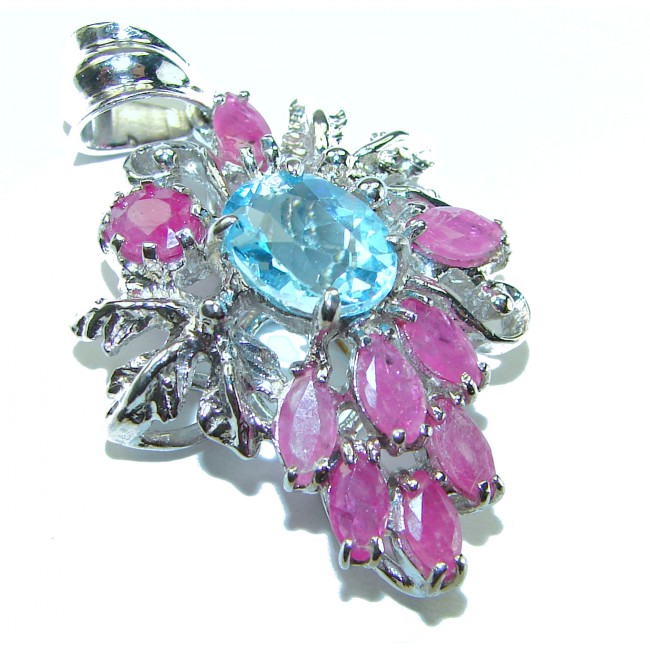 Precious Treasure 8.5 carat Swiss Blue Topaz Ruby .925 Sterling Silver handmade Pendant