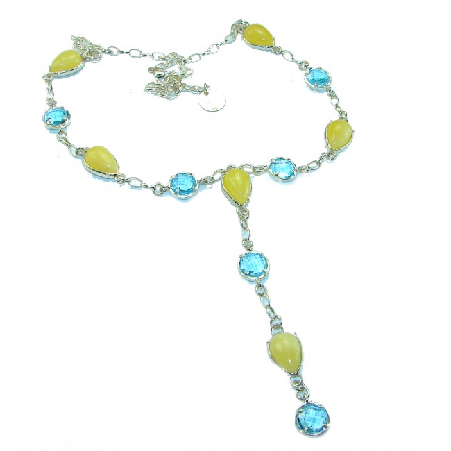 Natural Golden Butterscotch Baltic Amber Swiss Blue Topaz .925 Sterling Silver handcrafted necklace