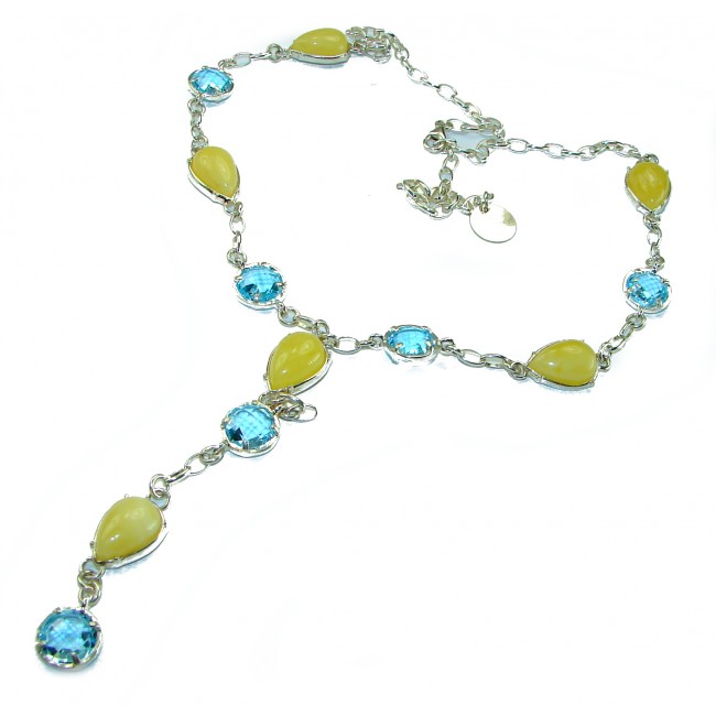 Natural Golden Butterscotch Baltic Amber Swiss Blue Topaz .925 Sterling Silver handcrafted necklace