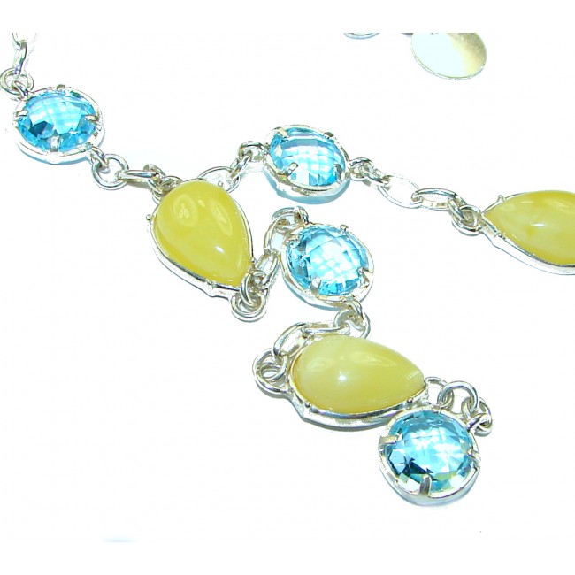 Natural Golden Butterscotch Baltic Amber Swiss Blue Topaz .925 Sterling Silver handcrafted necklace