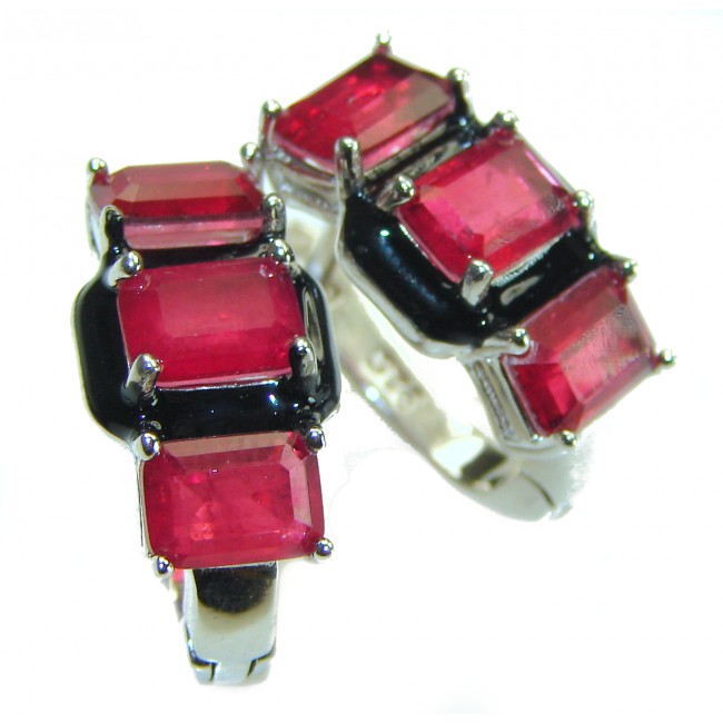 Art Deco Ruby black enamel .925 Sterling Silver handcrafted earrings