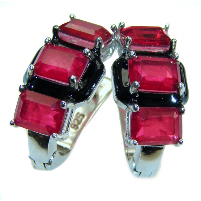 Art Deco Ruby black enamel .925 Sterling Silver handcrafted earrings