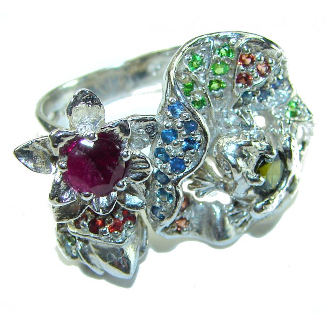 Floral-inspired authentic Ruby .925 Silver handcrafted Cocktail Ring s. 8