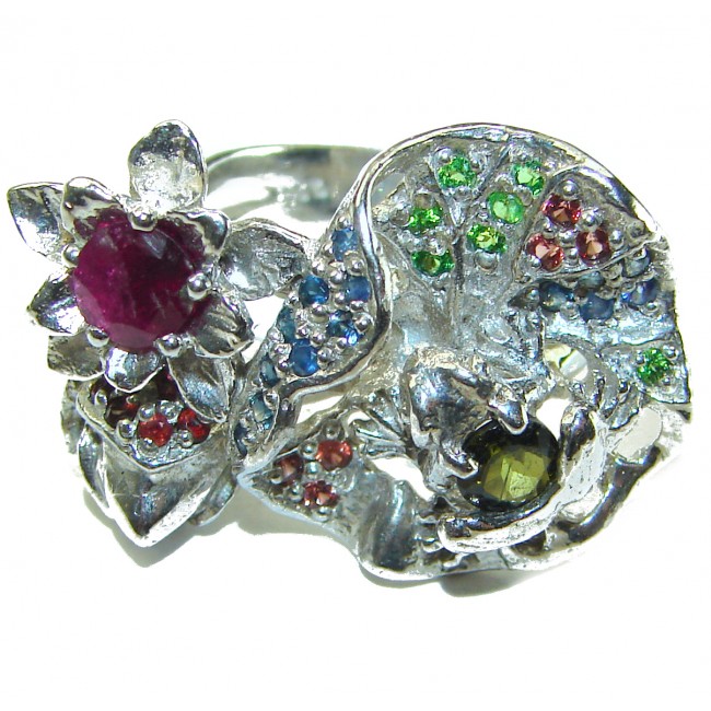 Floral-inspired authentic Ruby .925 Silver handcrafted Cocktail Ring s. 8