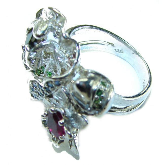 Floral-inspired authentic Ruby .925 Silver handcrafted Cocktail Ring s. 8