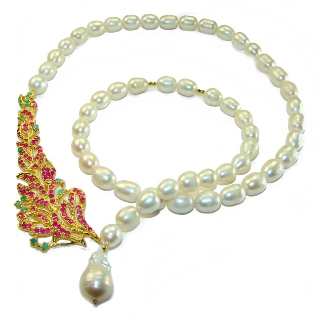 Baroque style Beauty freshewater Pearls Ruby Emerald 14K Gold over .925 Sterling Silver handcrafted Necklace