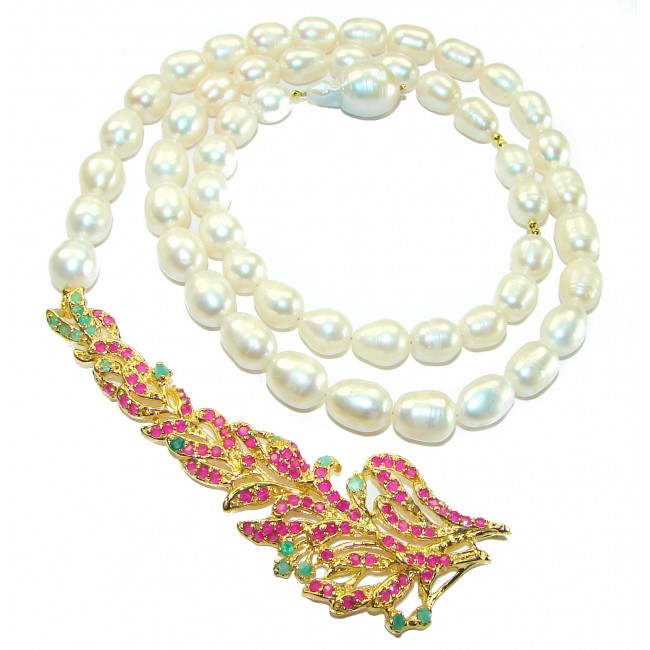 Baroque style Beauty freshewater Pearls Ruby Emerald 14K Gold over .925 Sterling Silver handcrafted Necklace