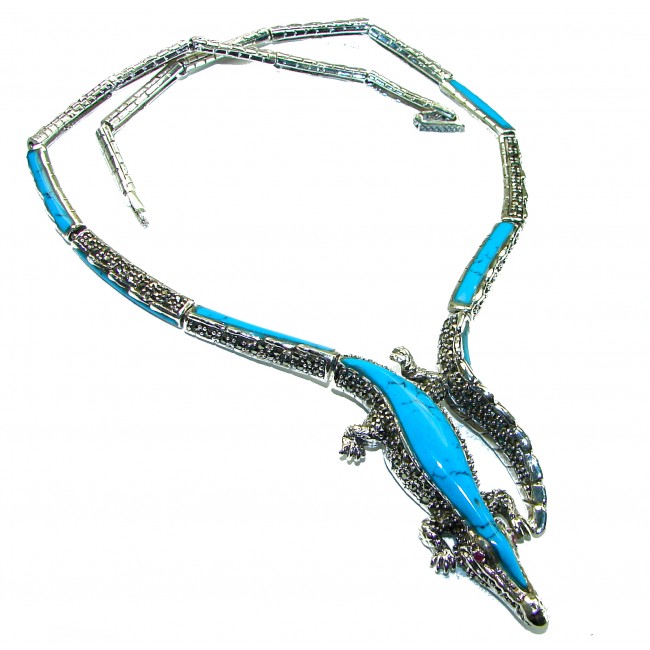 MASSIVE Alligator Genuine Turquoise Marcasite .925 Sterling Silver handmade handcrafted Necklace