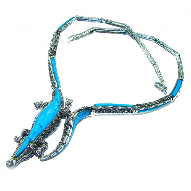 MASSIVE Alligator Genuine Turquoise Marcasite .925 Sterling Silver handmade handcrafted Necklace