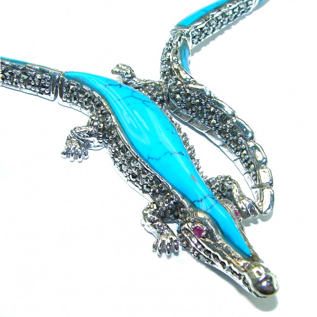 MASSIVE Alligator Genuine Turquoise Marcasite .925 Sterling Silver handmade handcrafted Necklace